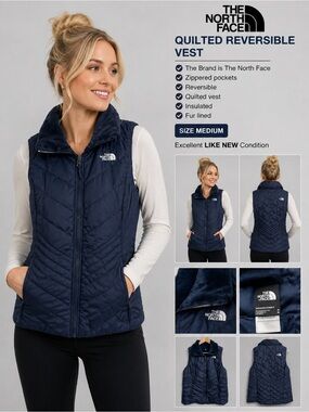 The North Face Women’s Navy Reversible Quilted Insulated Fur Lined Vest M
